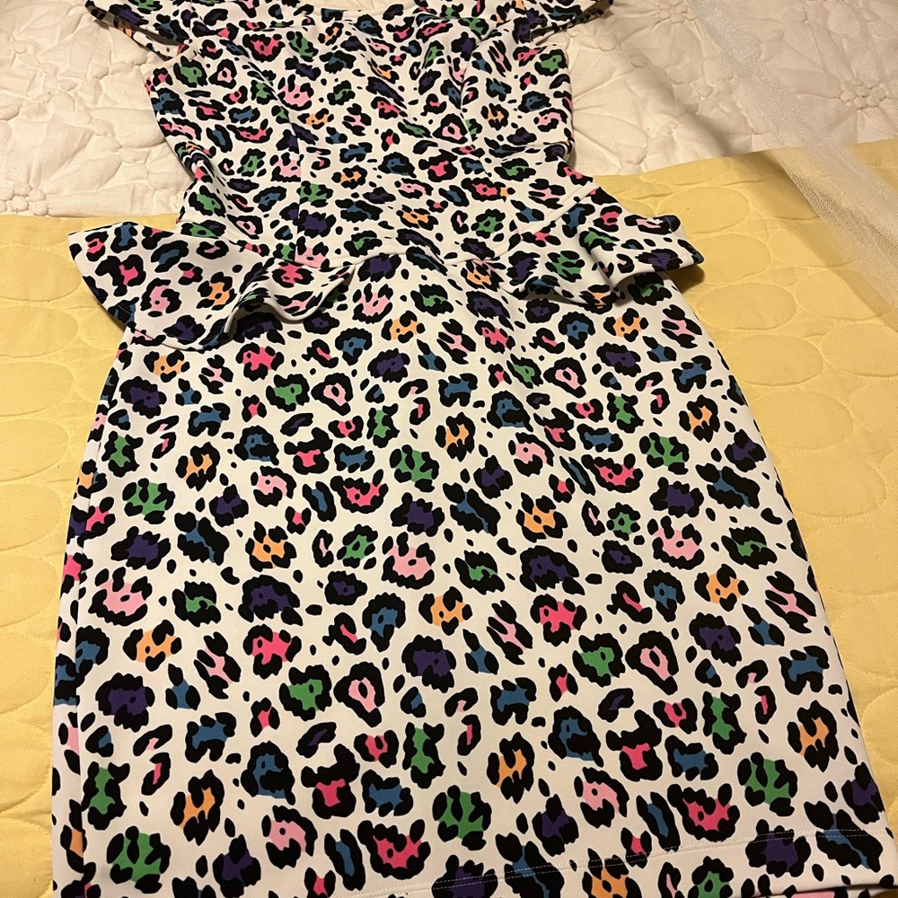 Betsey Johnson rainbow leopard cheetah print peplum party animal dress